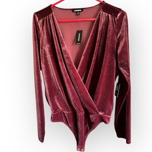 Express Surplice Thong Bodysuit Velvet Dusty Rose V-Neck Long Sleeve Size M